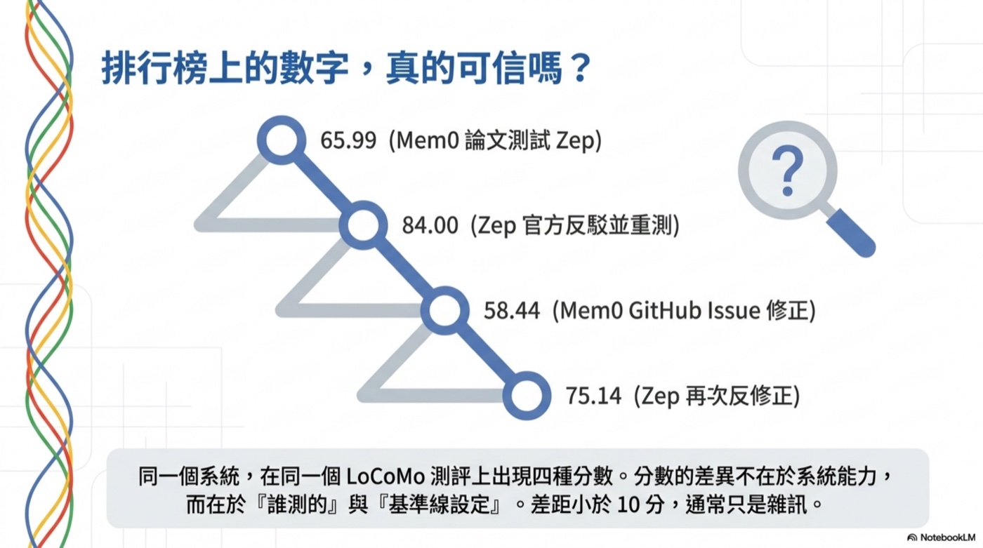 同一個系統在同一個測評上，出現四個分數：65.99、84、58.44、75.14 — Agent Memory 評測羅生門，與檔案系統派的翻案