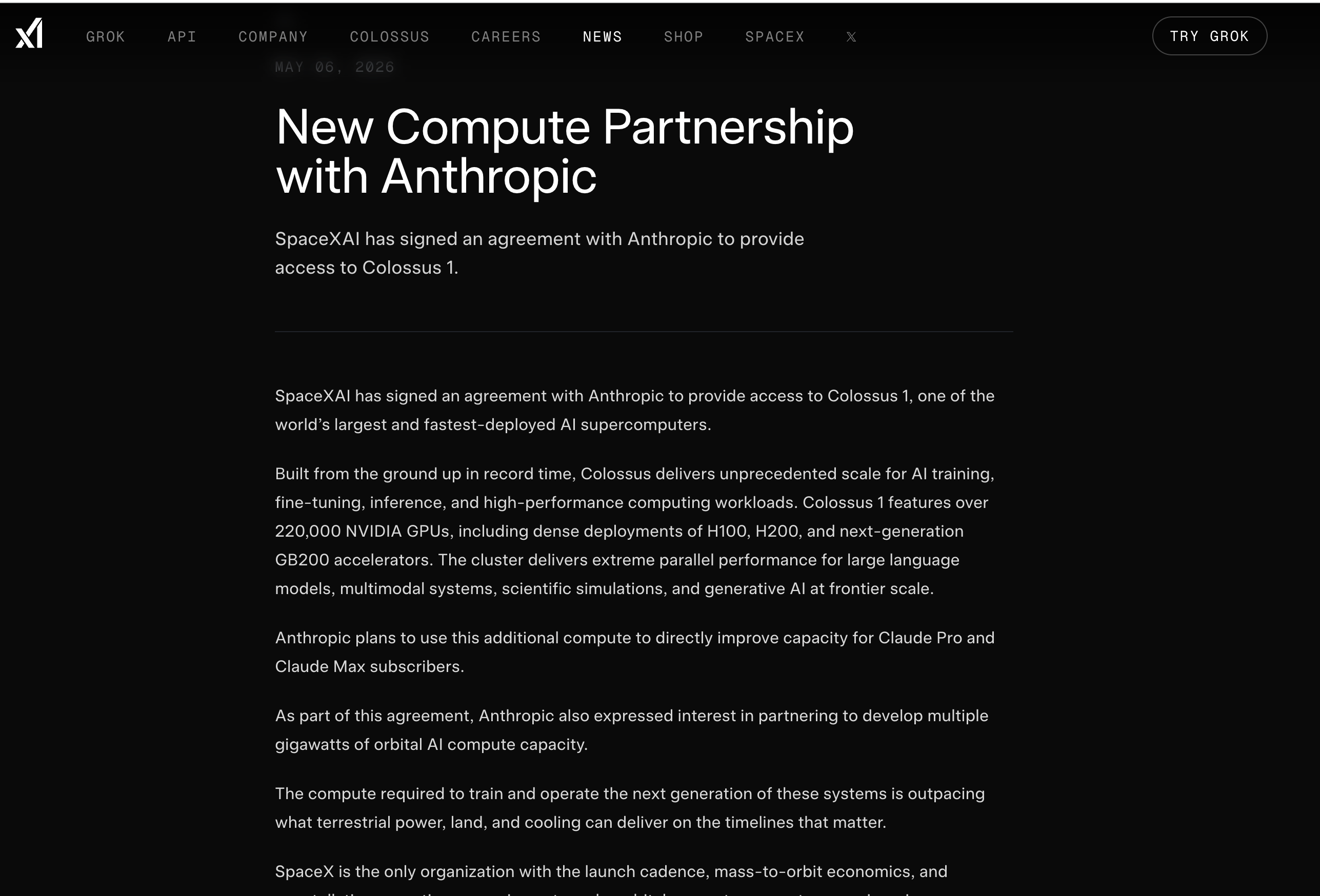 Musk 把 22 萬顆 GPU 租給對手 Anthropic：這條大新聞，是 Claude 降智、Max Plan 燒光、5 小時變 2 小時的解藥