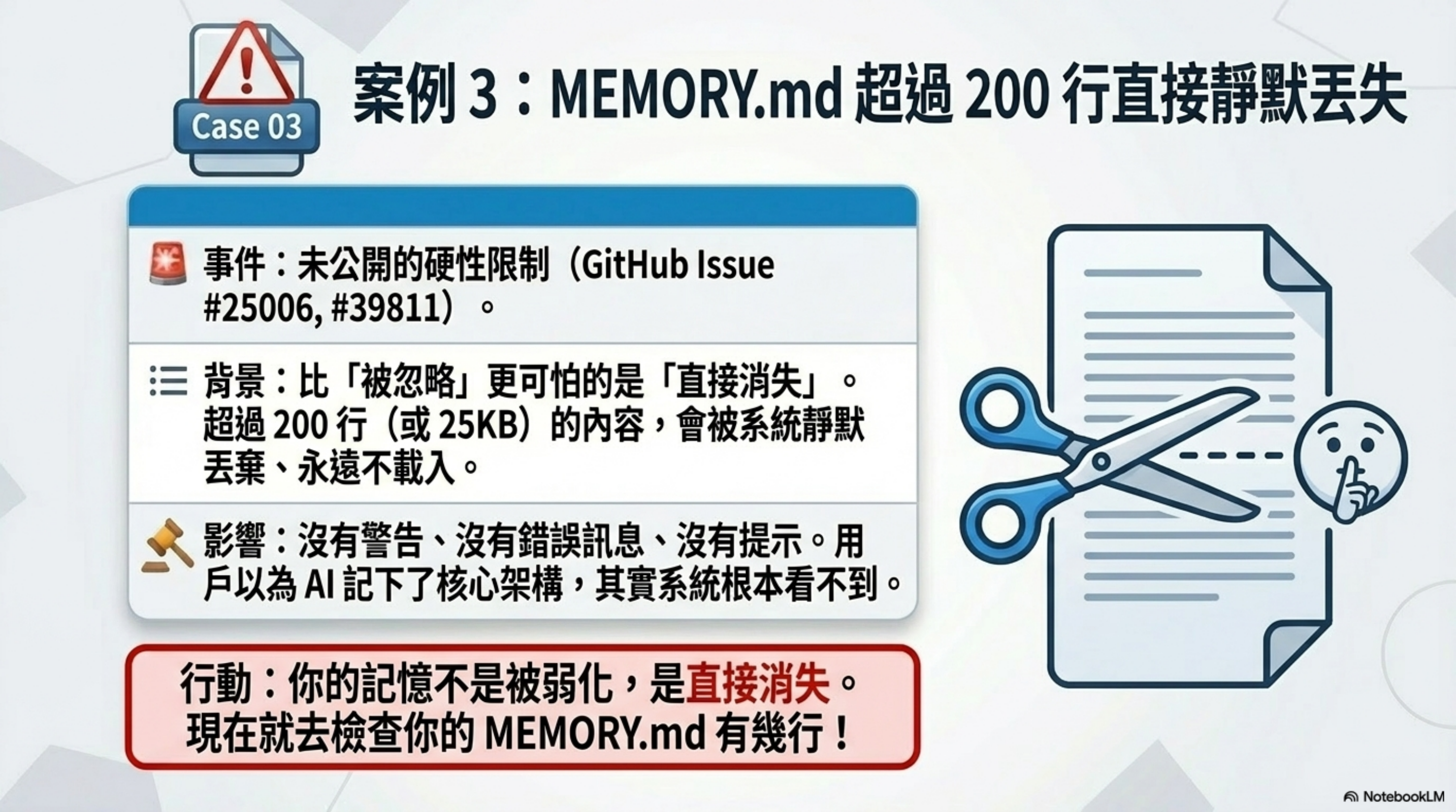 案例 3:MEMORY.md 超過 200 行直接靜默丟失 —— 你的記憶不是被弱化,是直接消失
