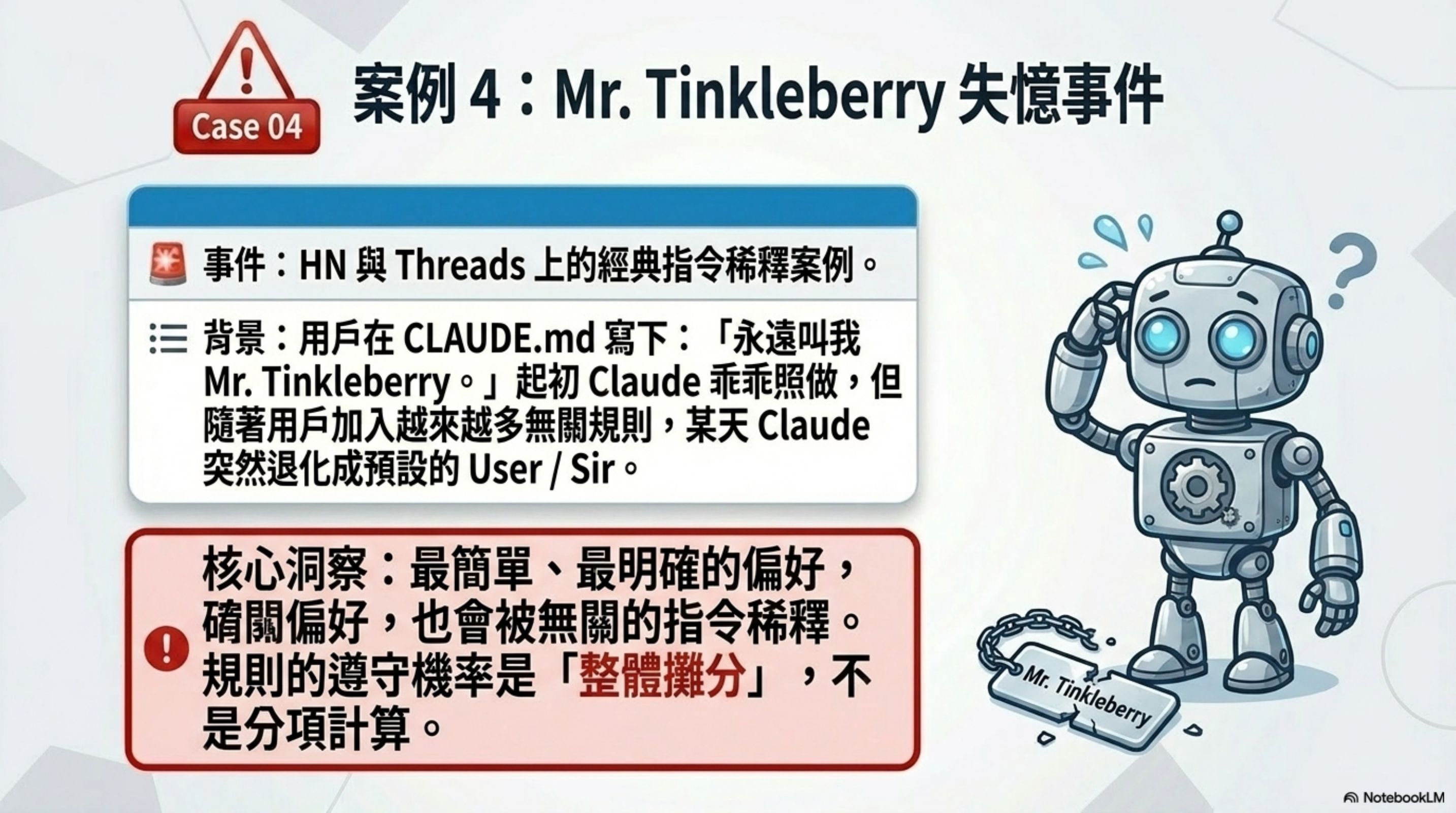 案例 4:Mr. Tinkleberry 失憶事件 —— 規則的遵守機率是「整體攤分」
