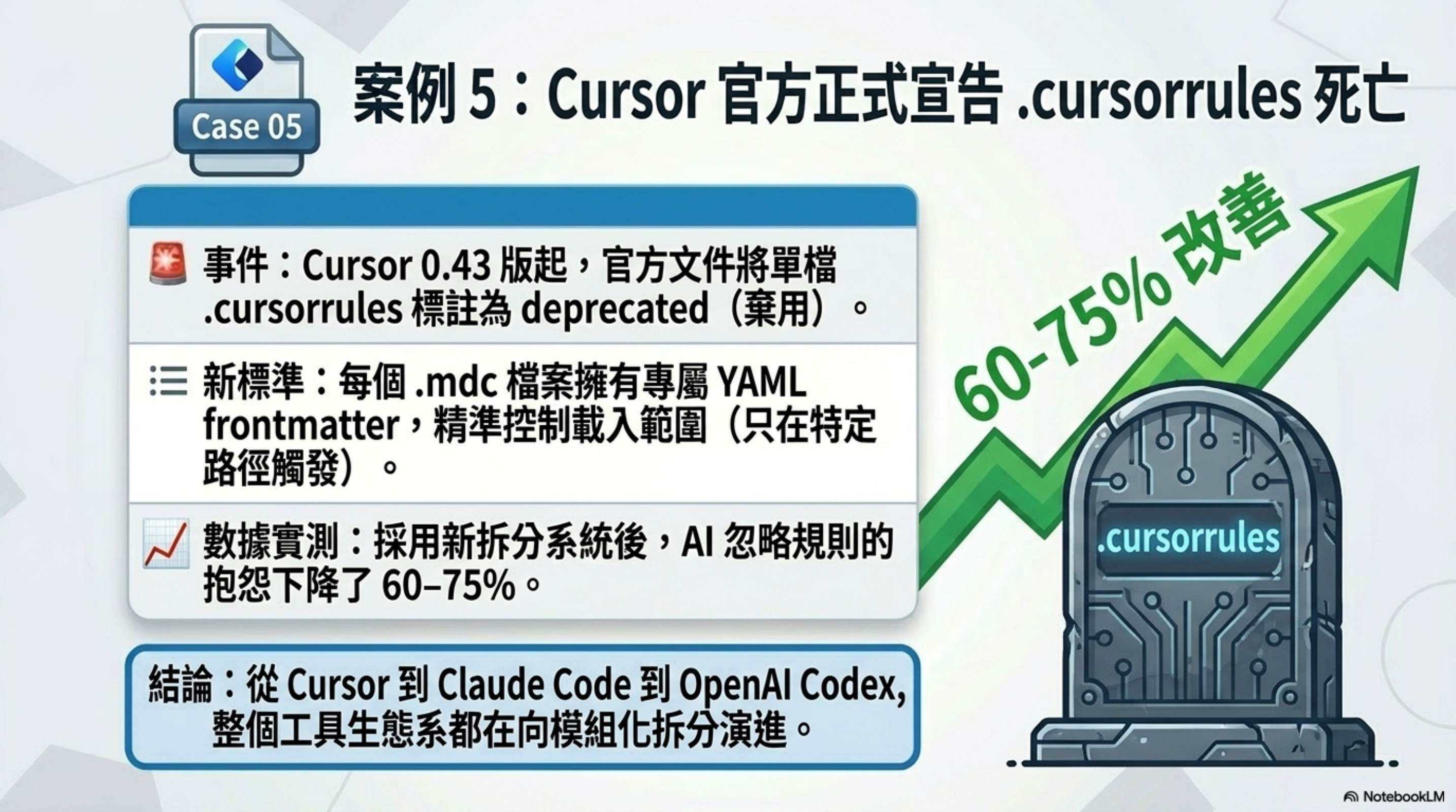 案例 5:Cursor 官方棄用 .cursorrules,採用新拆分系統後改善 60–75%