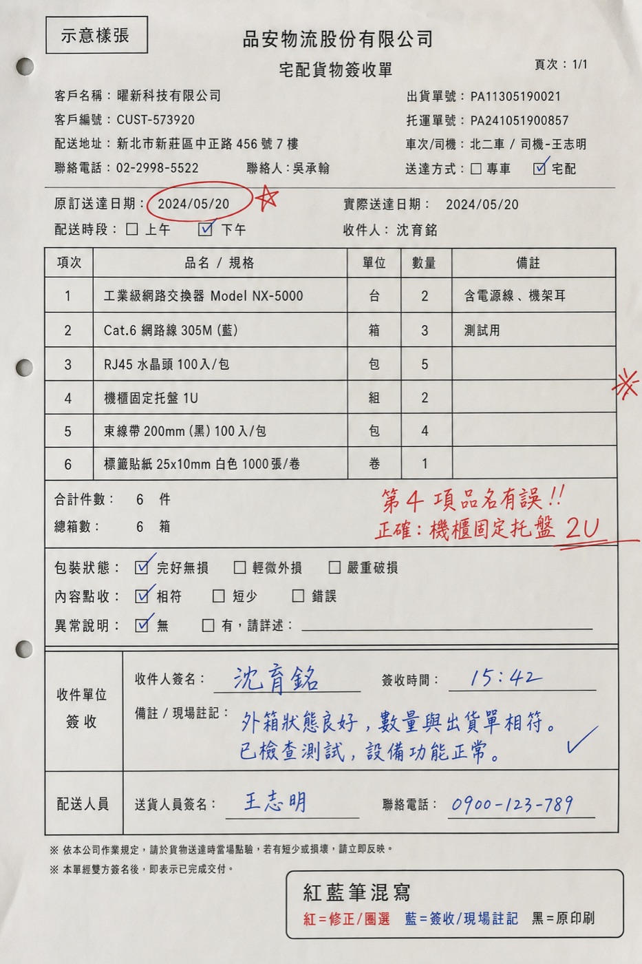 真實案例：紅筆修正圈選、藍筆簽收註記、黑筆原印刷，三種顏色混寫在同一張簽收單