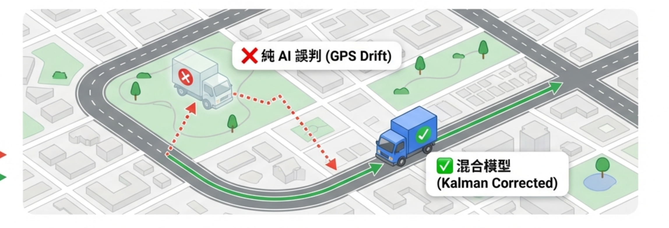 純 AI 誤判 vs Kalman 校正：GPS 漂移的處理差異