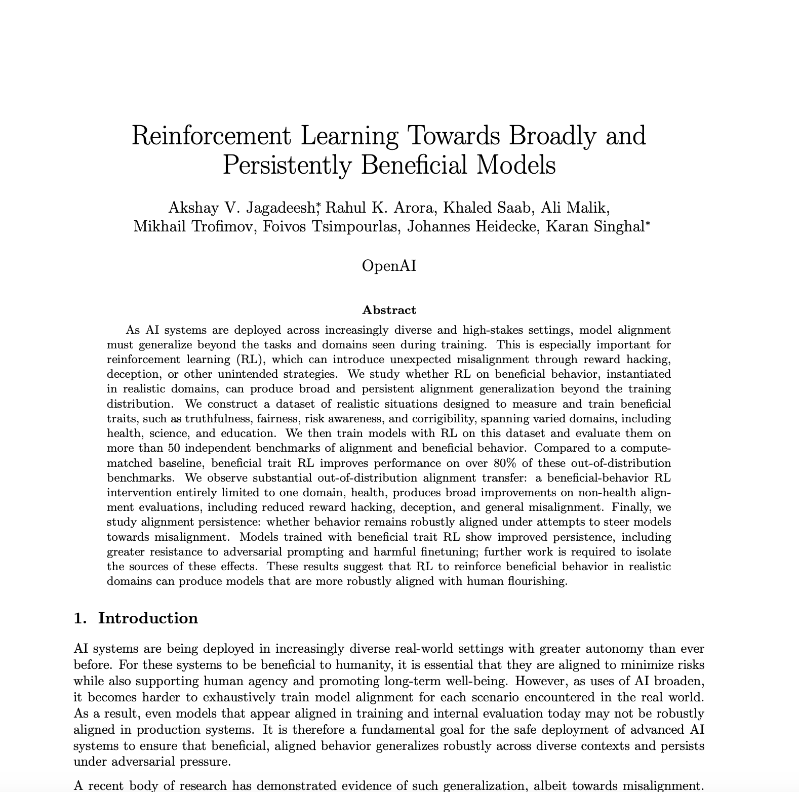 OpenAI Beneficial Trait RL：把對齊做成會泛化的特質，而不是 53 個 benchmark