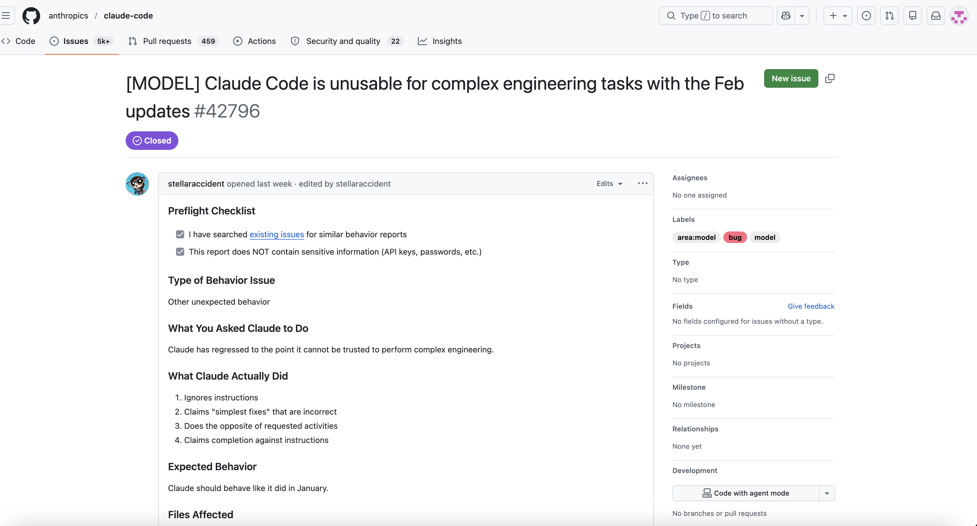 GitHub Issue #42796: Claude Code is unusable for complex engineering tasks
