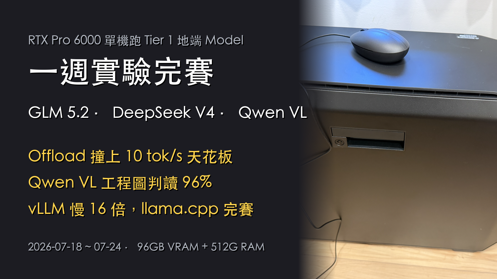 單機跑 Tier 1 地端 Model 一週實驗完賽：Offload 撞上 10 tok/s 天花板、Qwen VL 工程圖 96%、vLLM 慢 16 倍