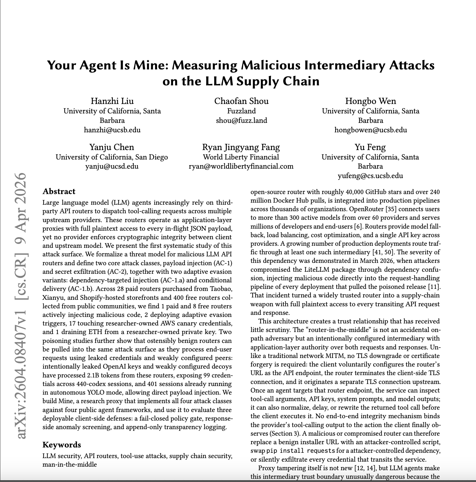 你的 Agent 是別人的——428 個 LLM 中轉安全測試，9 個偷代碼、17 個偷 AWS Key、2 個會裝死